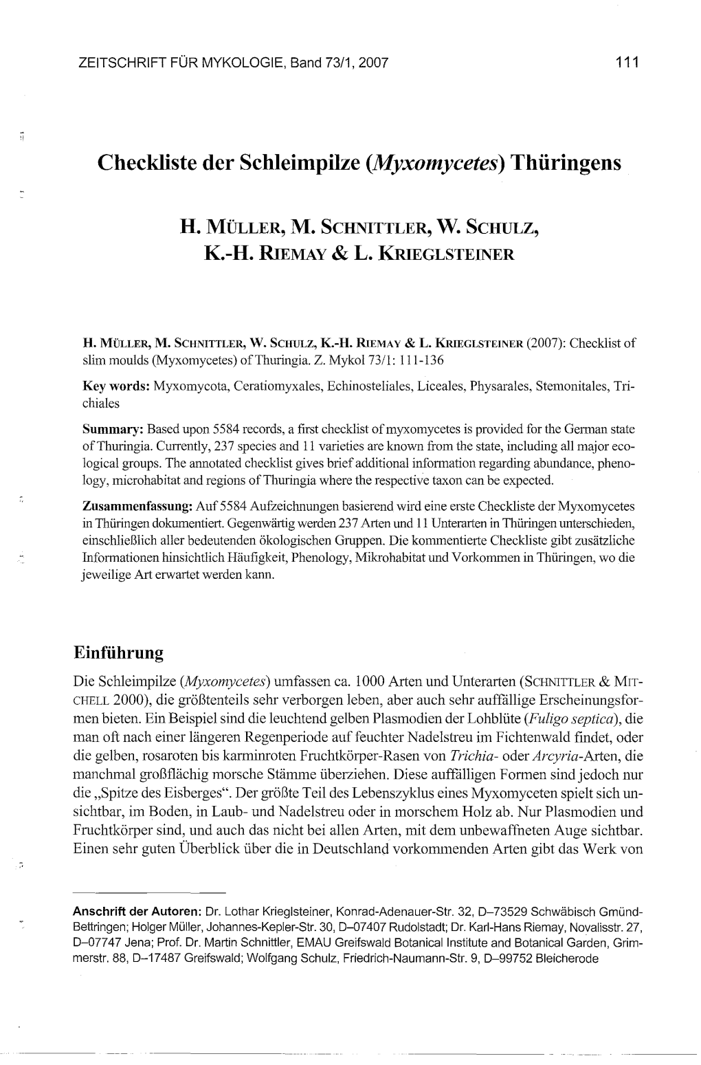 Checkliste Der Schleimpilze (Myxomycetes) Thüringens