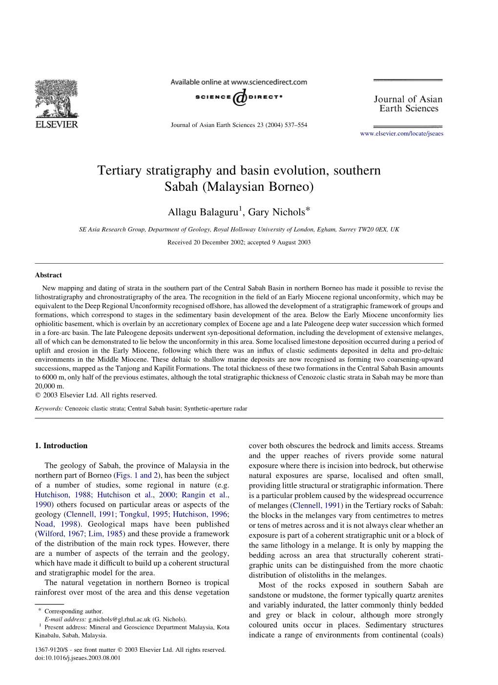 Tertiary Stratigraphy and Basin Evolution, Southern Sabah (Malaysian Borneo)