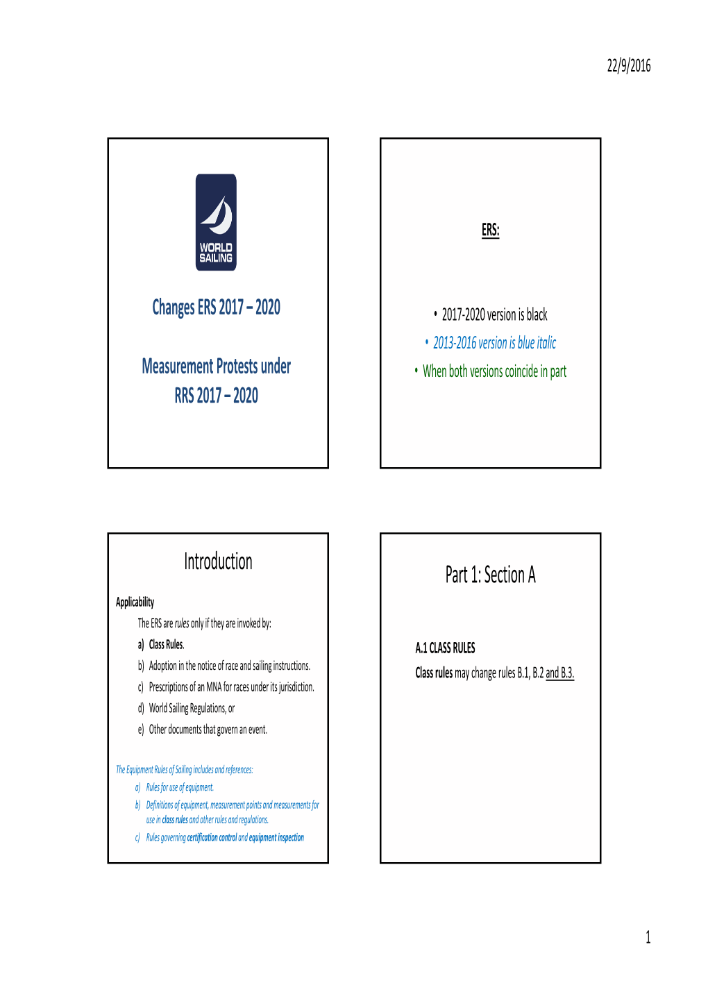 Introduction Part 1: Section a Applicability the ERS Are Rules Only If They Are Invoked By: A) Class Rules