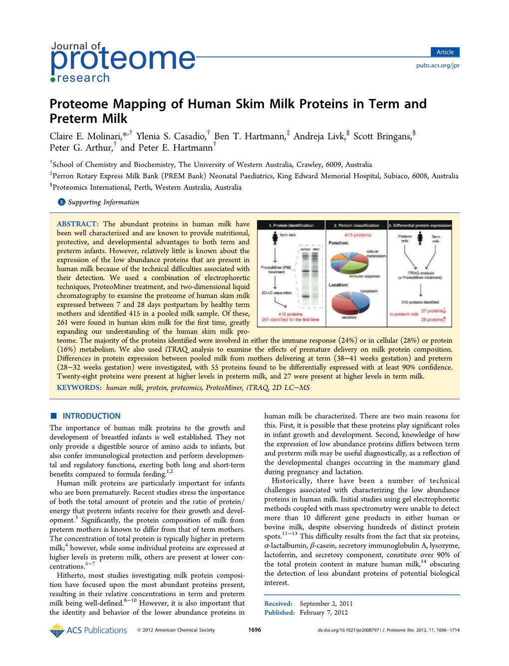 Proteome Mapping of Human Skim Milk Proteins in Term and Preterm Milk † † ‡ § § Claire E