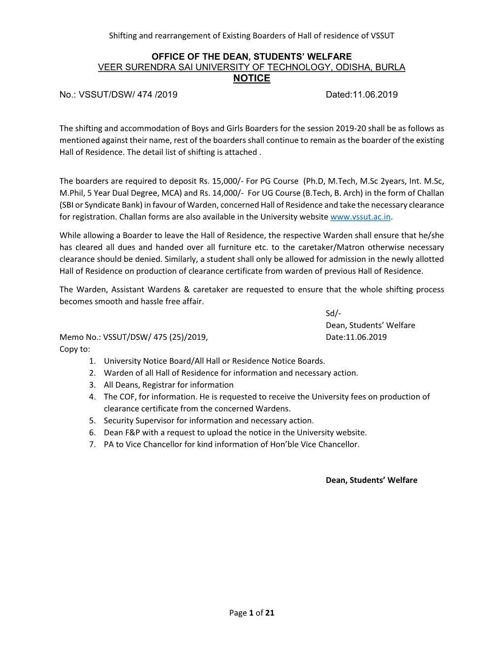 Shifting and Rearrangement of Existing Boarders of Hall of Residence of VSSUT