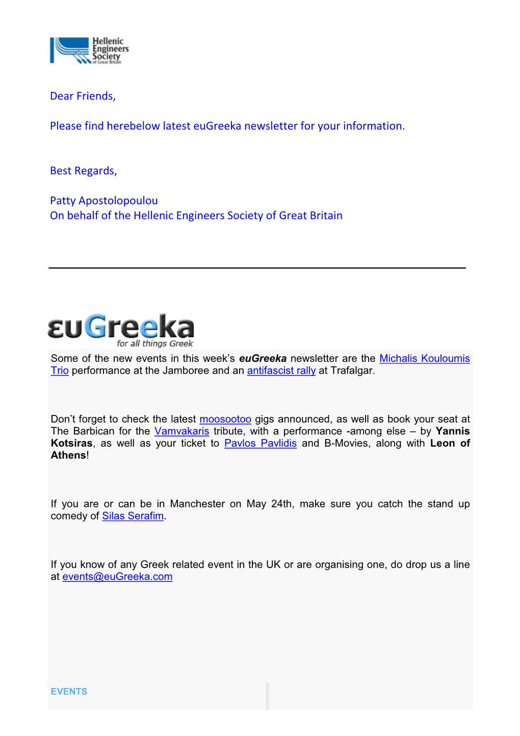 Dear Friends, Please Find Herebelow Latest Eugreeka Newsletter for Your