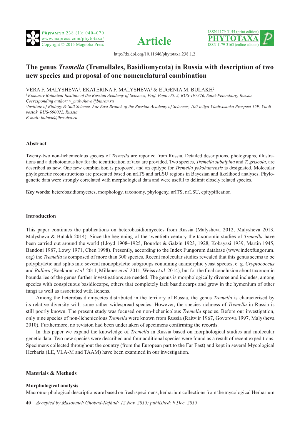 The Genus Tremella (Tremellales, Basidiomycota) in Russia with Description of Two New Species and Proposal of One Nomenclatural Combination