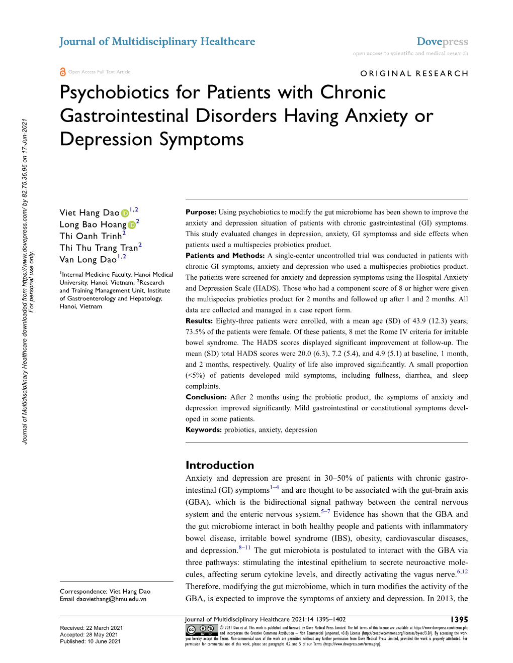 Psychobiotics for Patients with Chronic Gastrointestinal Disorders Having Anxiety Or Depression Symptoms