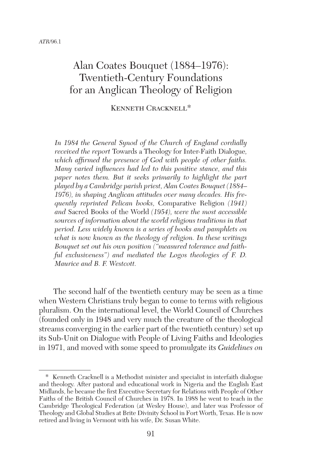 Alan Coates Bouquet (1884–1976): Twentieth-Century Foundations for an Anglican Theology of Religion