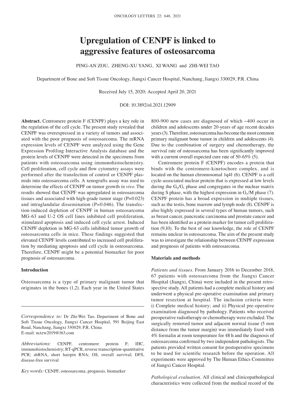 Upregulation of CENPF Is Linked to Aggressive Features of Osteosarcoma