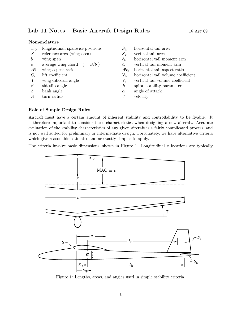 Lab 11 Notes – Basic Aircraft Design Rules 16 Apr 09