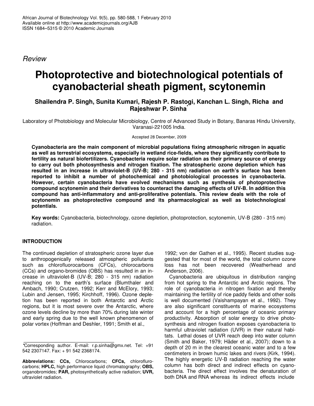 Photoprotective and Biotechnological Potentials of Cyanobacterial Sheath Pigment, Scytonemin