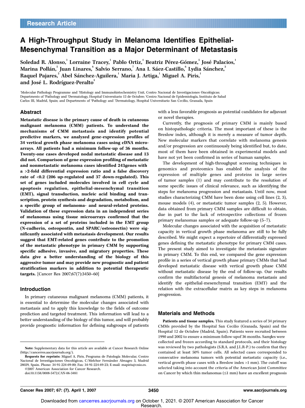 A High-Throughput Study in Melanoma Identifies Epithelial- Mesenchymal Transition As a Major Determinant of Metastasis