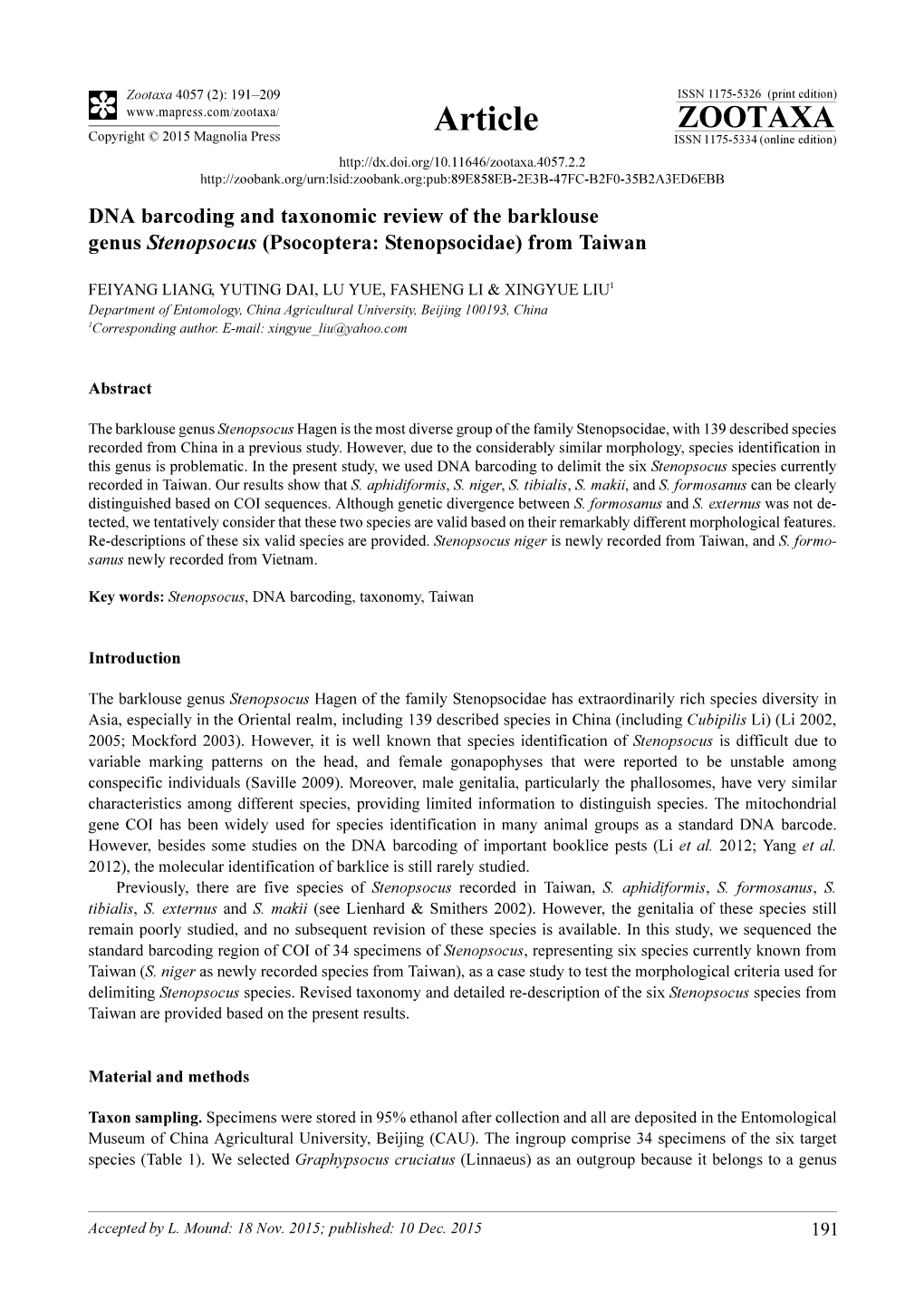 DNA Barcoding and Taxonomic Review of the Barklouse Genus Stenopsocus (Psocoptera: Stenopsocidae) from Taiwan