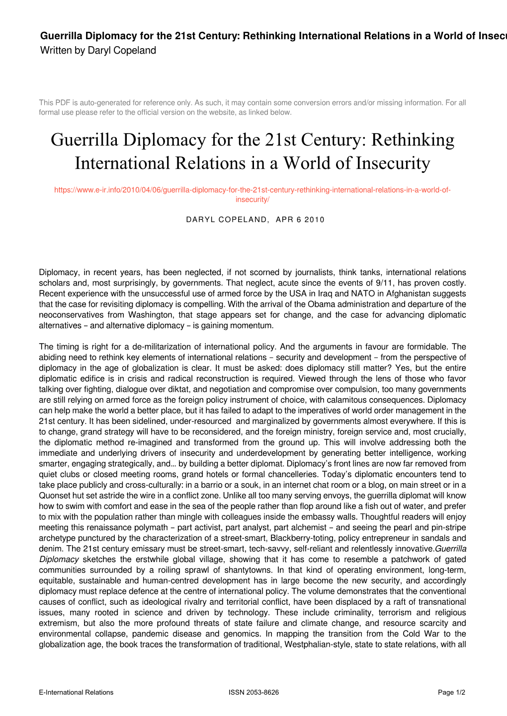 Guerrilla Diplomacy for the 21St Century: Rethinking International Relations in a World of Insecurity Written by Daryl Copeland