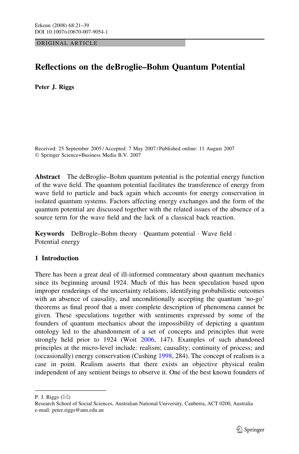 Reflections on the Debroglie–Bohm Quantum Potential