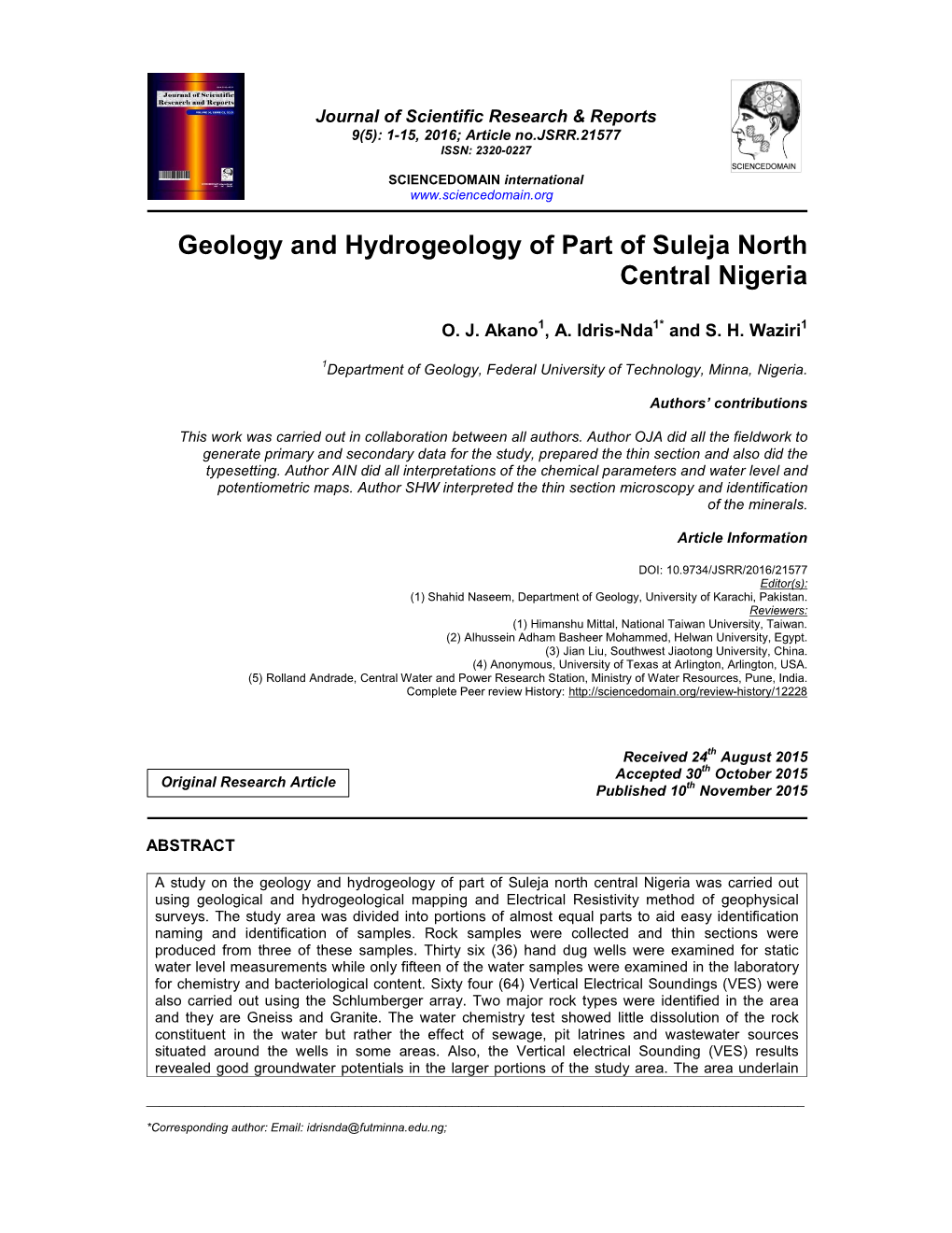 Geology and Hydrogeology of Part of Suleja North Central Nigeria