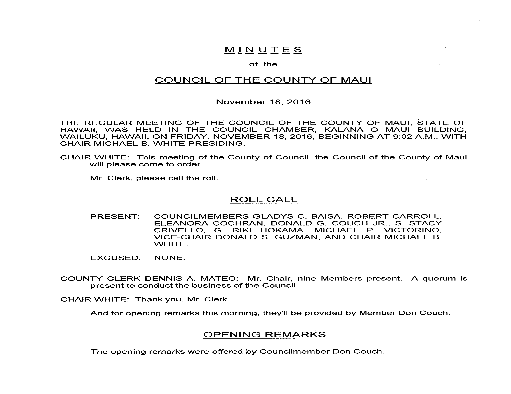 Minutes Council of the County of Maui Roll Call