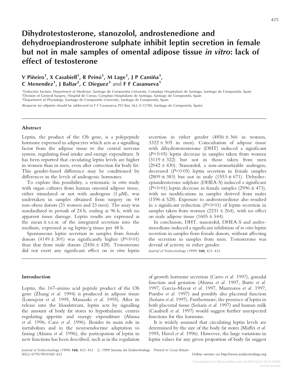 Dihydrotestosterone, Stanozolol, Androstenedione and Dehydroepiandrosterone Sulphate Inhibit Leptin Secretion in Female But