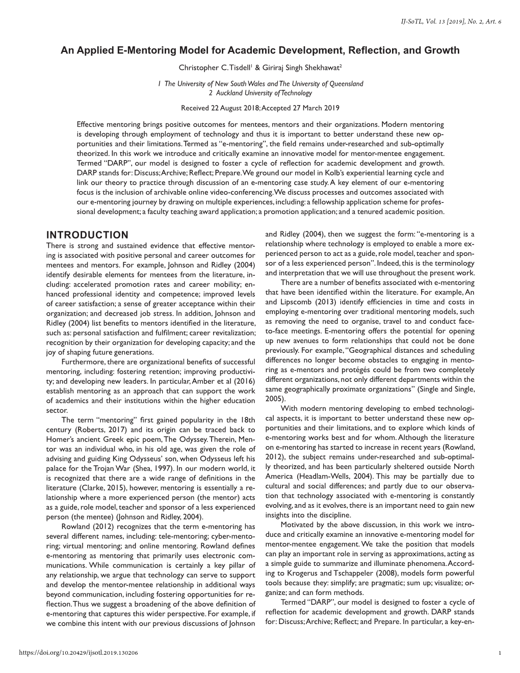 An Applied E-Mentoring Model for Academic Development, Reflection, and Growth Christopher C