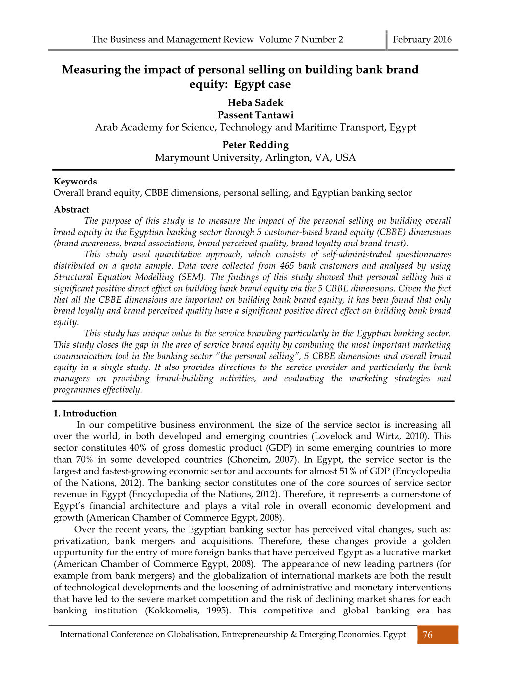 Measuring the Impact of Personal Selling on Building Bank Brand Equity: Egypt Case