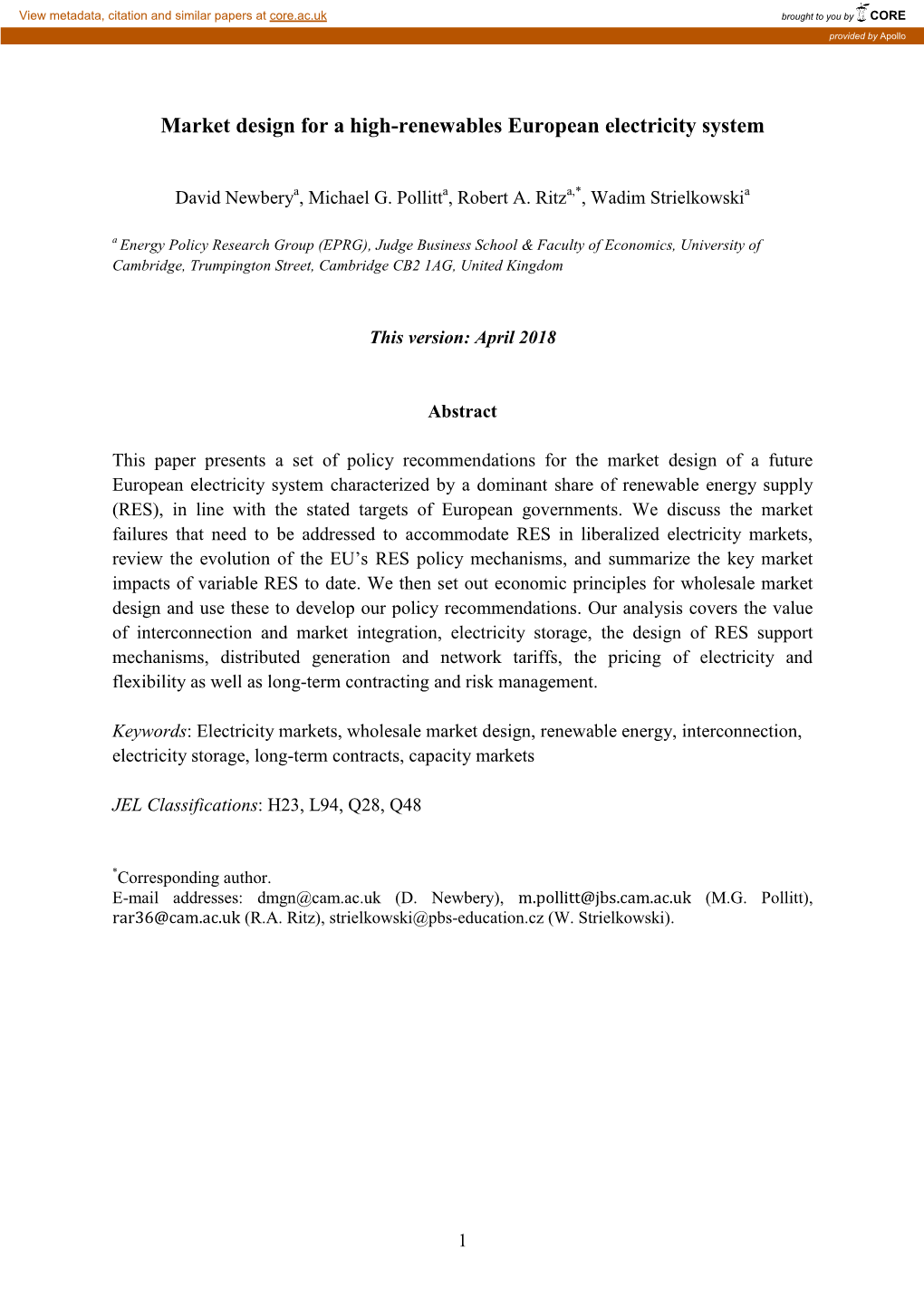 Market Design for a High-Renewables European Electricity System