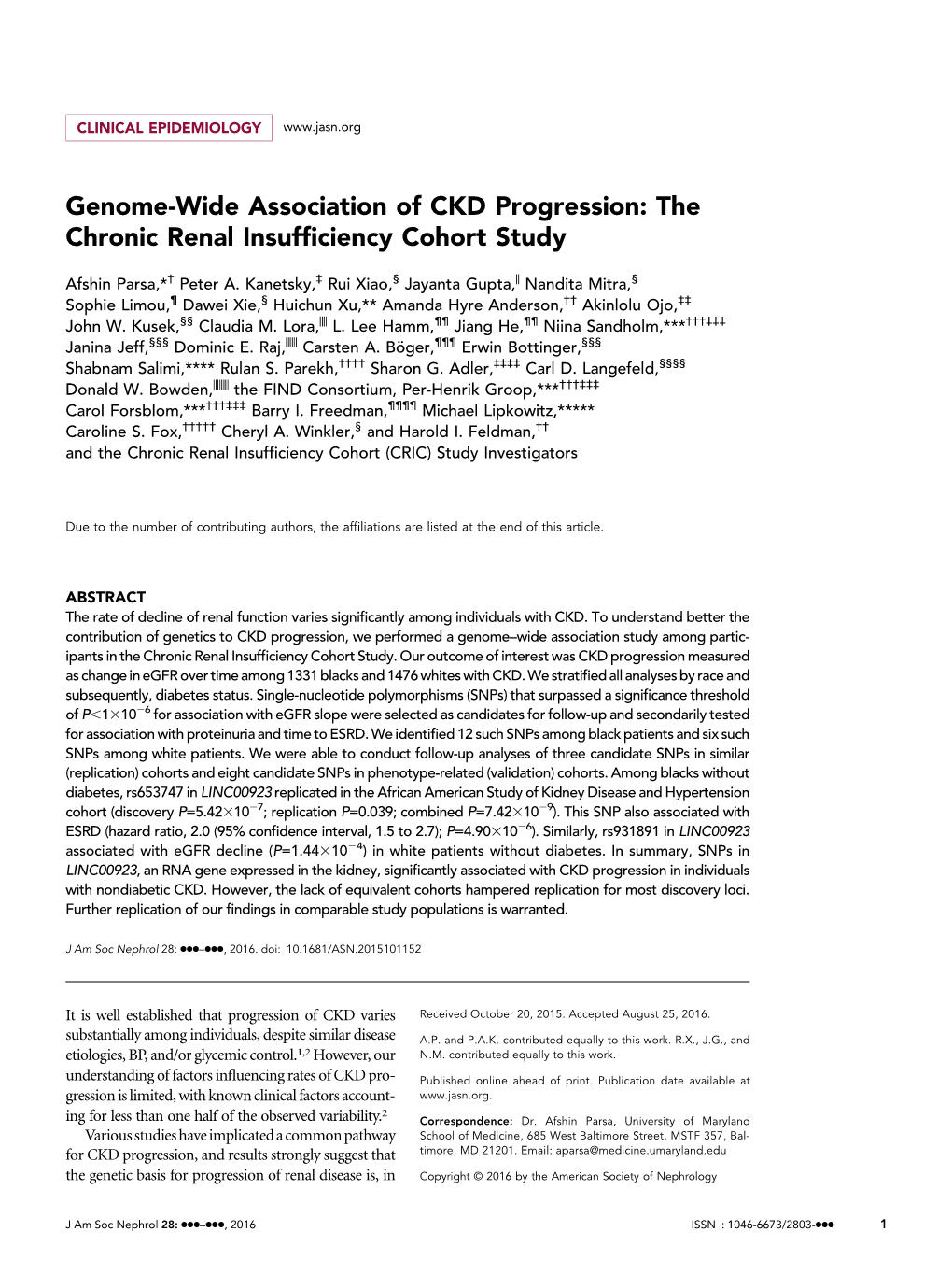 Genome-Wide Association of CKD Progression: the Chronic Renal Insufﬁciency Cohort Study