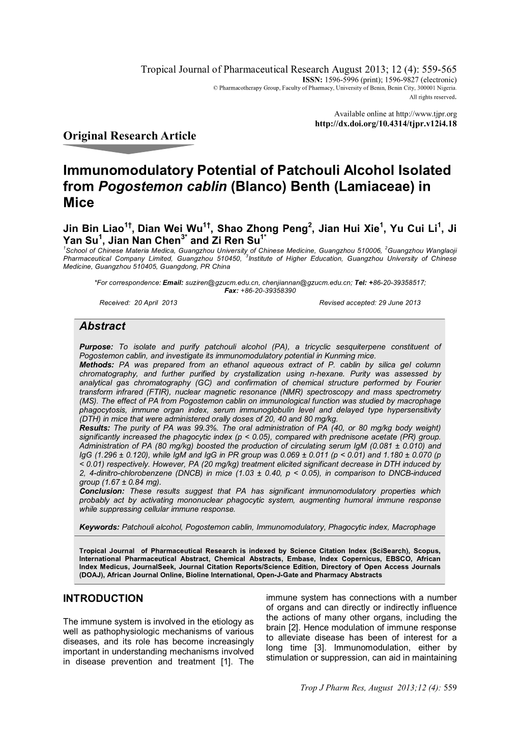 Immunomodulatory Potential of Patchouli Alcohol Isolated from Pogostemon Cablin (Blanco) Benth (Lamiaceae) in Mice