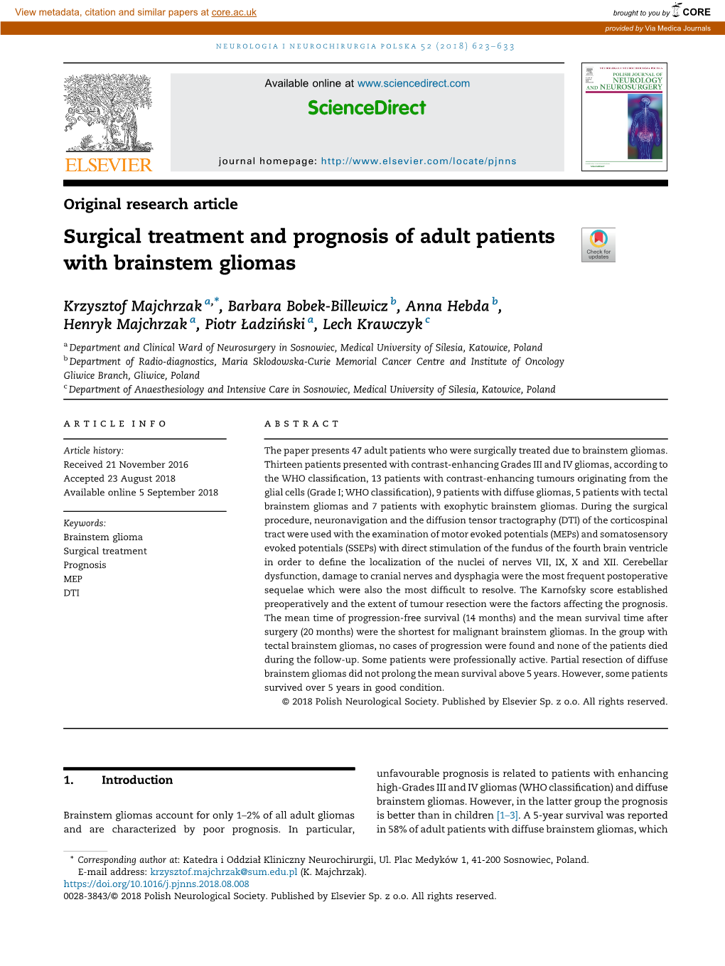 Surgical Treatment and Prognosis of Adult Patients with Brainstem Gliomas