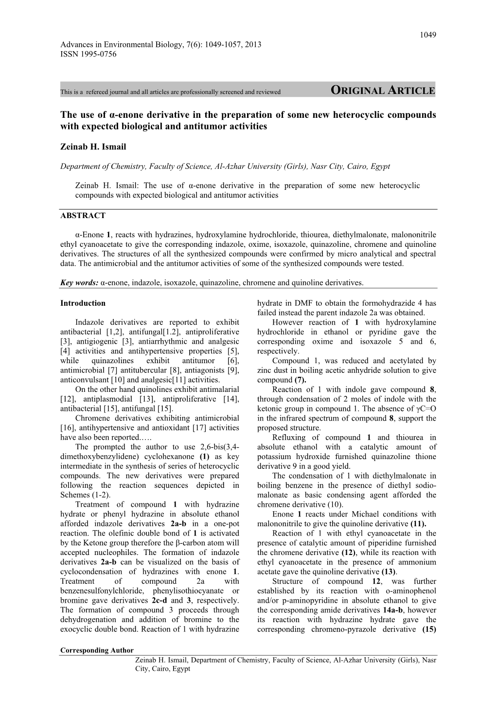 The Use of Α-Enone Derivative in the Preparation of Some New Heterocyclic Compounds with Expected Biological and Antitumor Activities