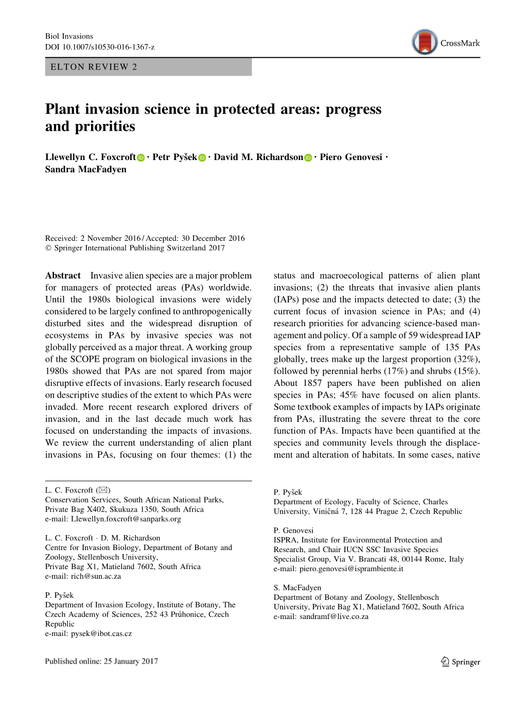 Plant Invasion Science in Protected Areas: Progress and Priorities