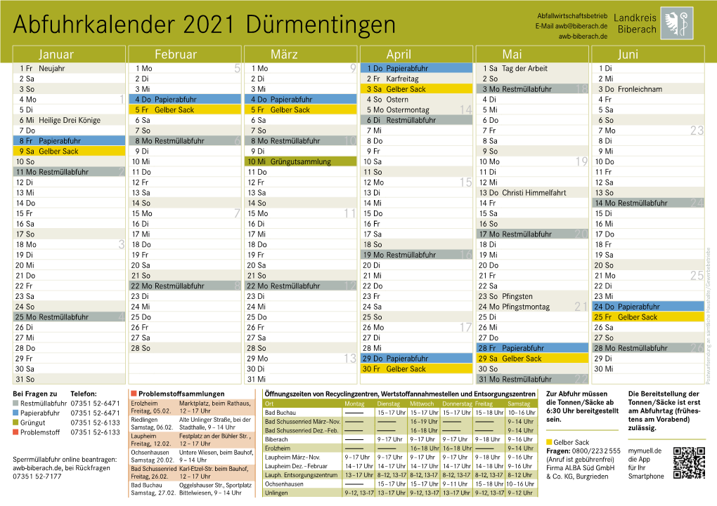 Abfuhrkalender 2021 Dürmentingen