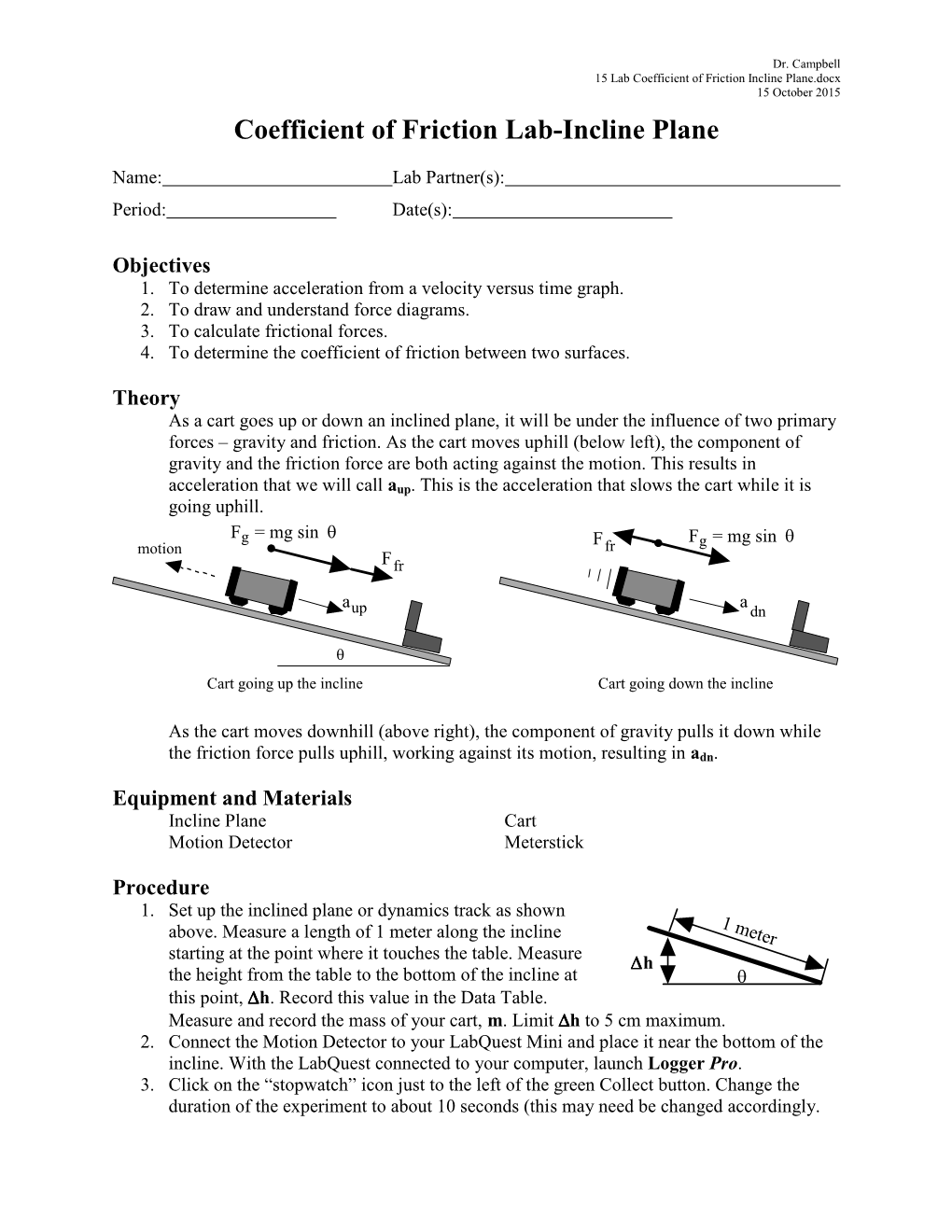 Coefficient of Friction Lab-Incline Plane