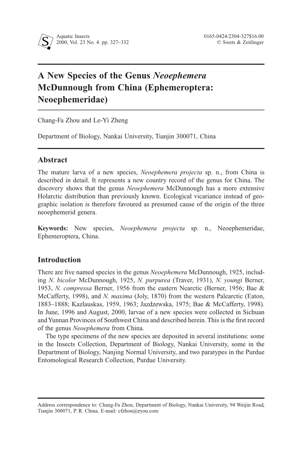 A New Species of the Genus Neoephemera Mcdunnough from China (Ephemeroptera: Neoephemeridae)