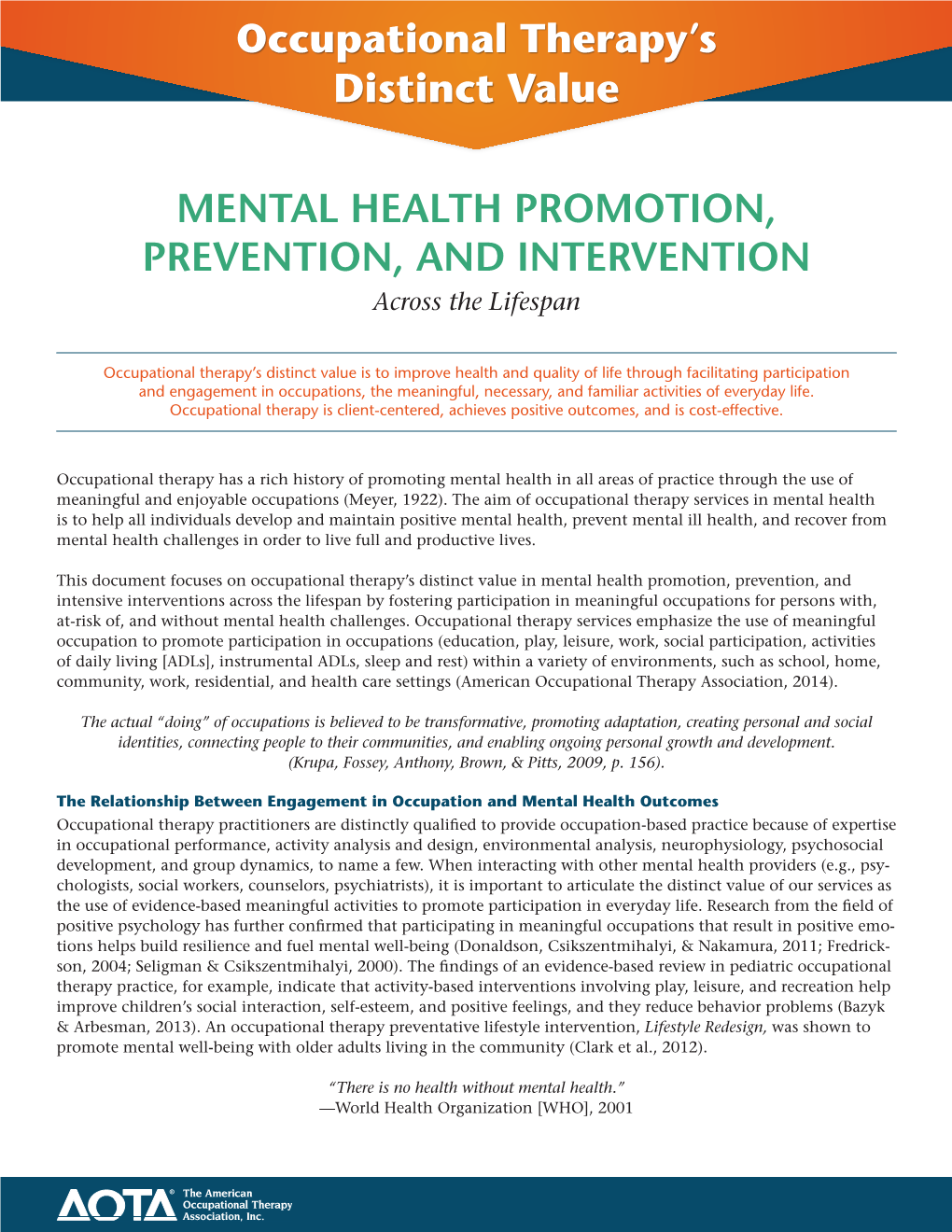 Occupational Therapy's Distinct Value – Mental Health Promotion