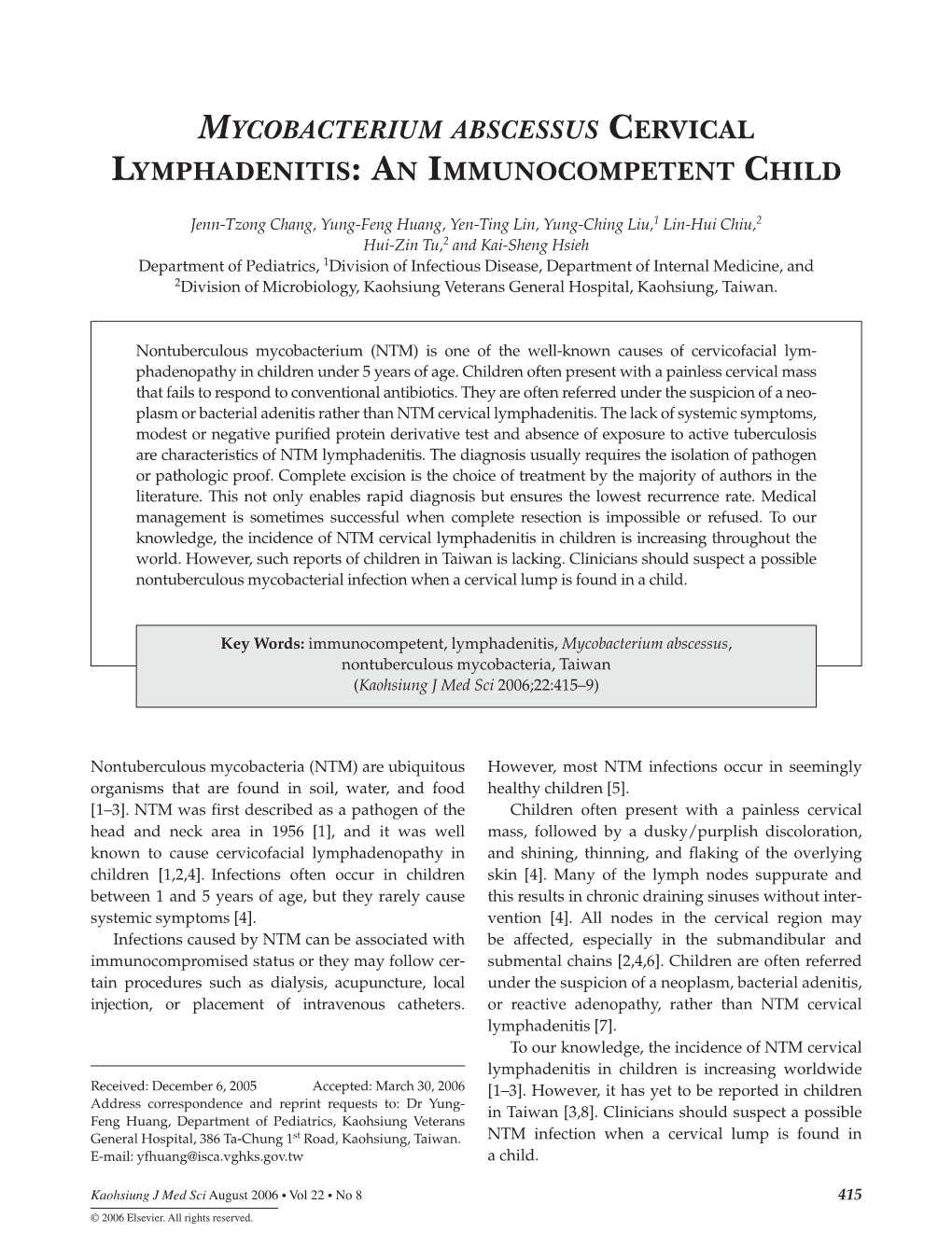 Mycobacterium Abscessus Cervical Lymphadenitis: an Immunocompetent Child