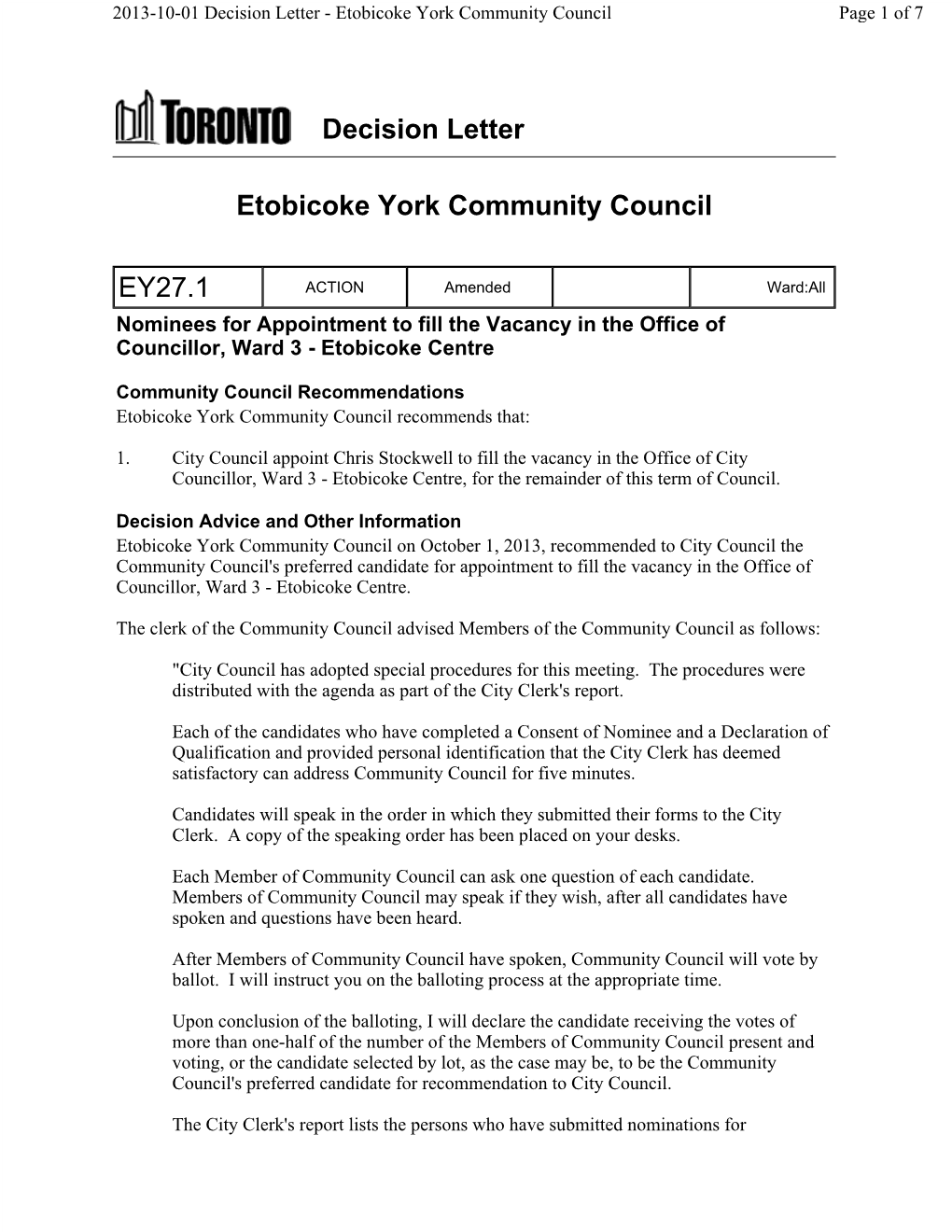 Decision Letter Etobicoke York Community Council EY27.1