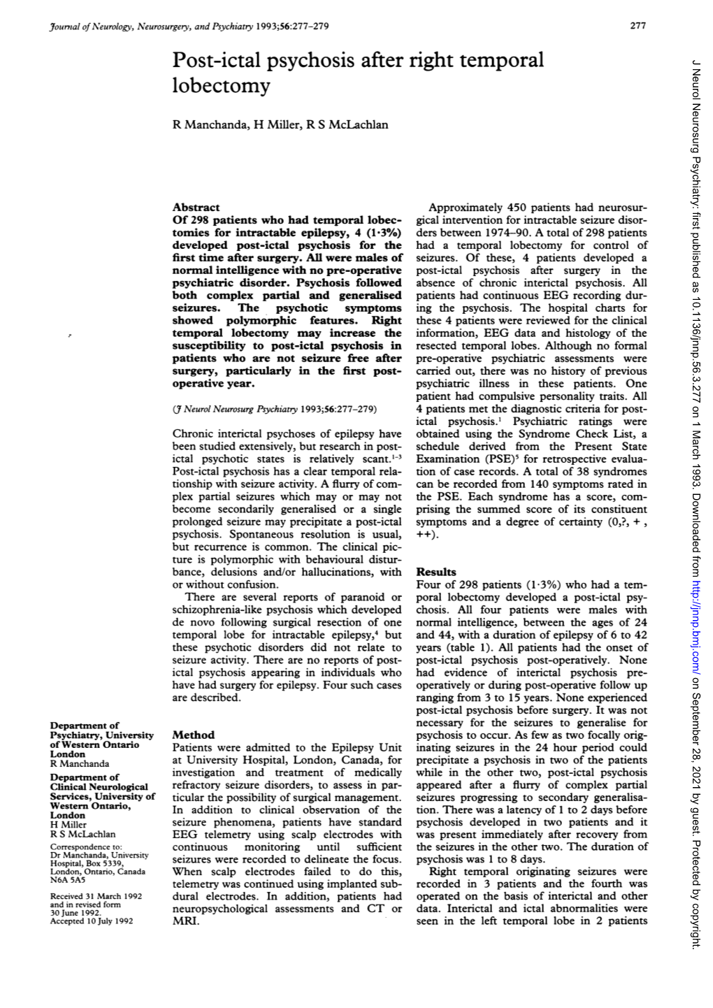 Post-Ictal Psychosis After Right Temporal Lobectomy 279