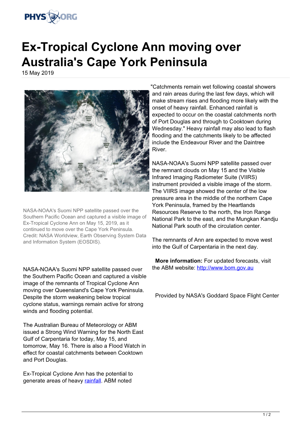 Ex-Tropical Cyclone Ann Moving Over Australia's Cape York Peninsula 15 May 2019