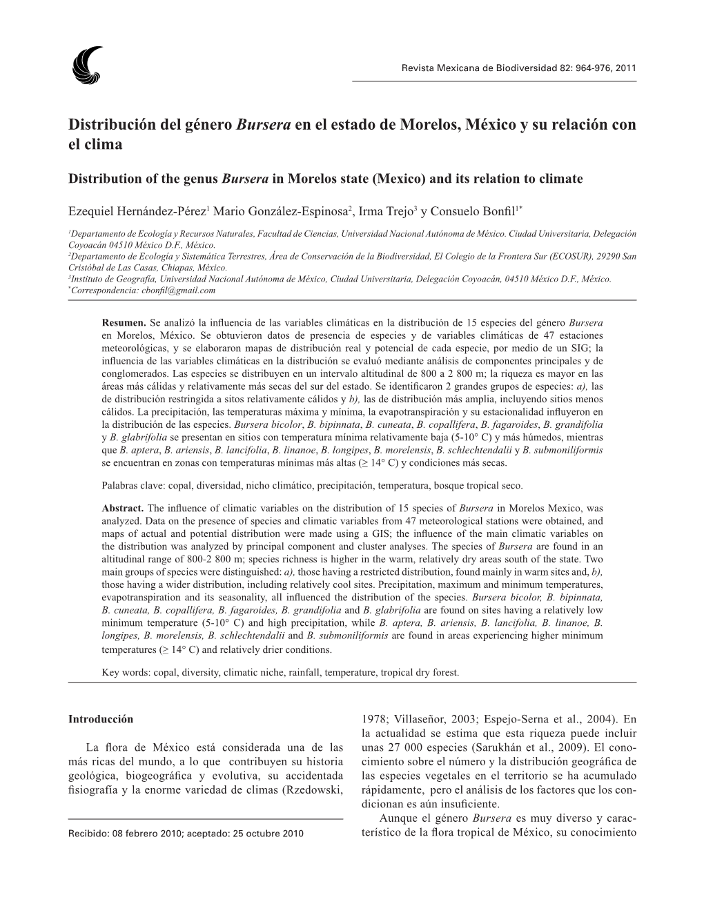 Distribución Del Género Bursera En El Estado De Morelos, México Y Su Relación Con El Clima