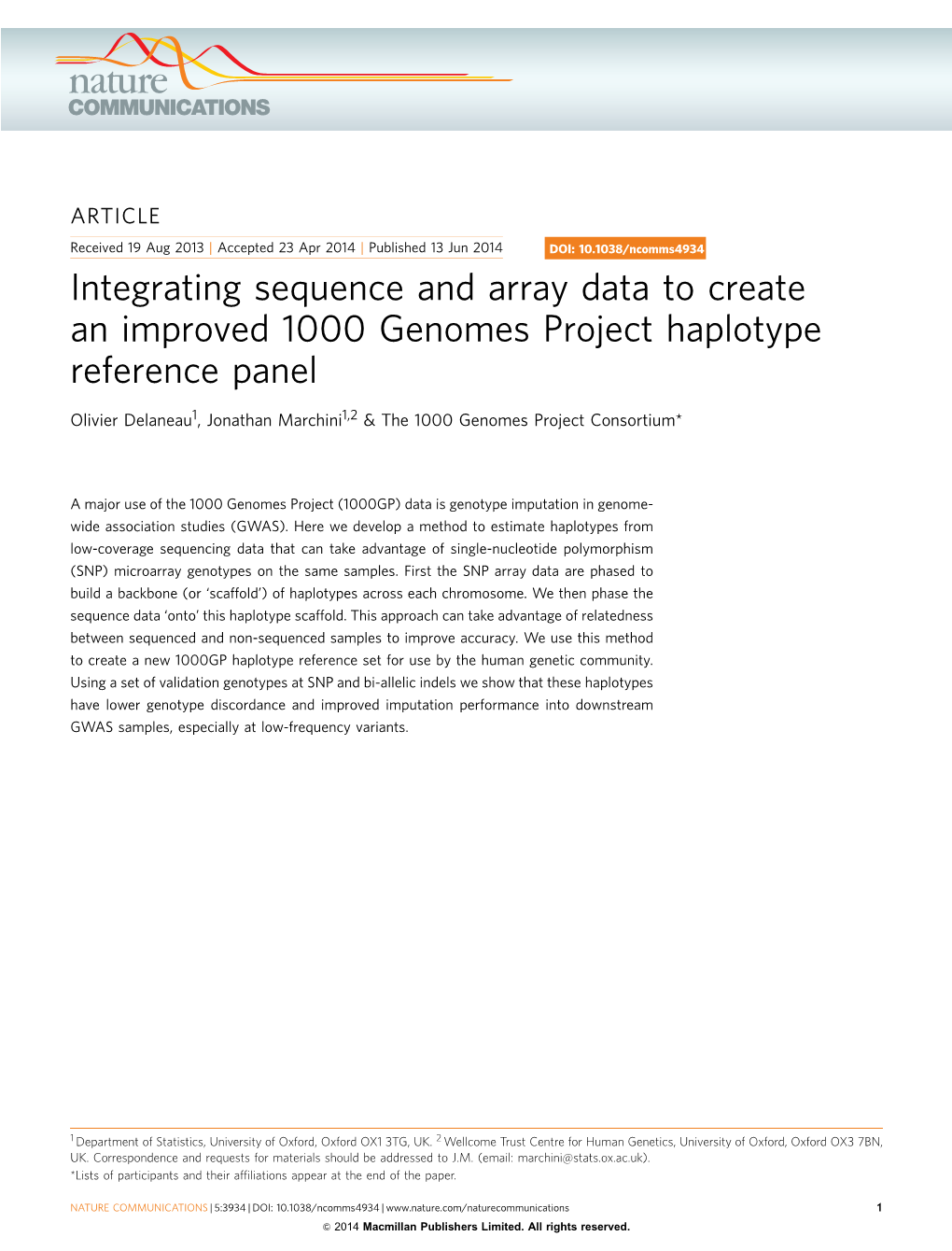 Integrating Sequence and Array Data to Create an Improved 1000 Genomes Project Haplotype Reference Panel