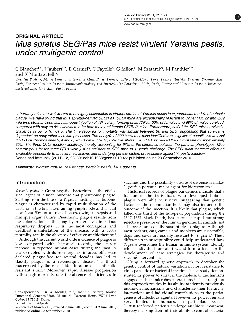 Pas Mice Resist Virulent Yersinia Pestis, Under Multigenic Control