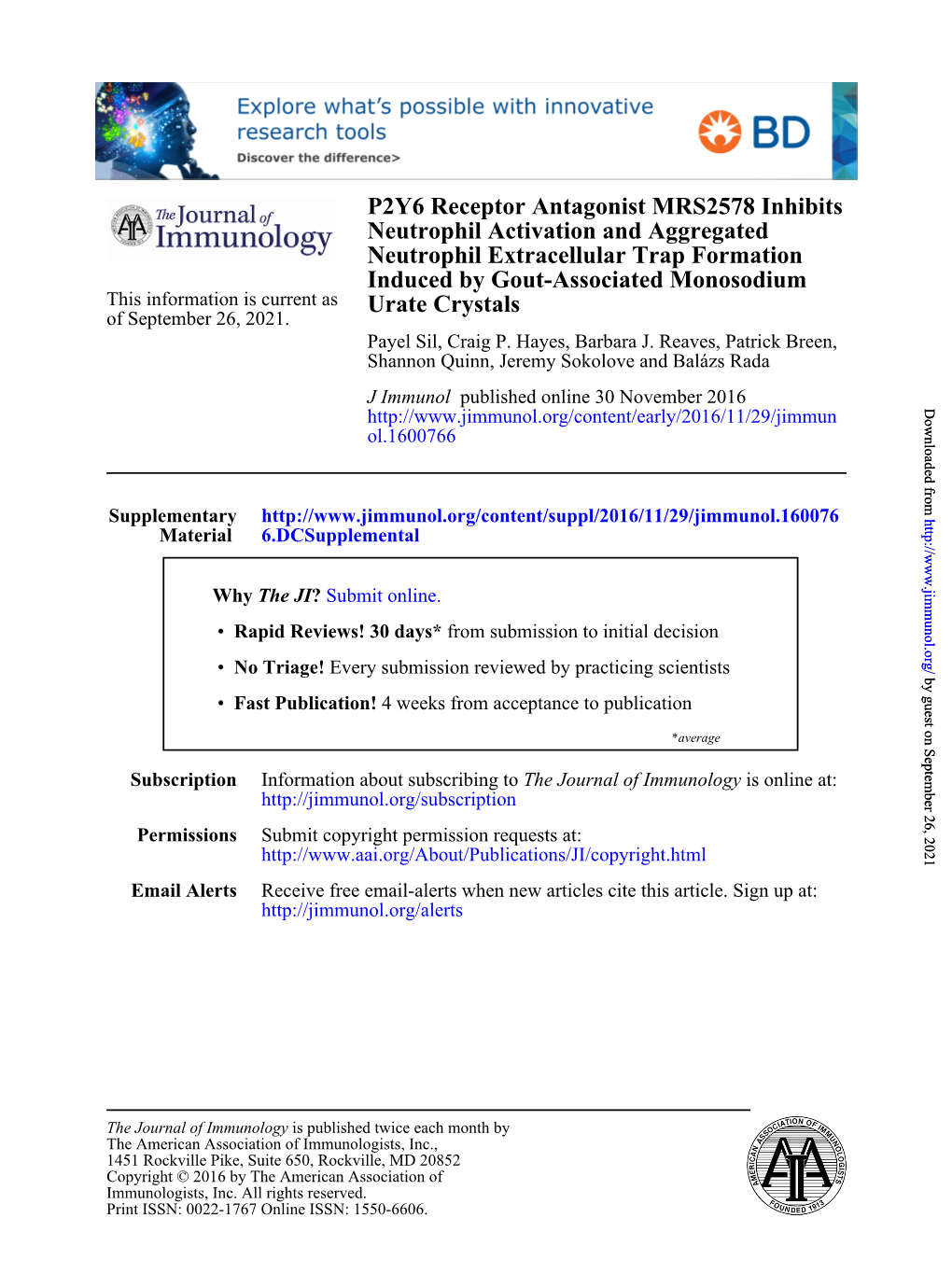 P2Y6 Receptor Antagonist MRS2578 Inhibits Neutrophil Activation And