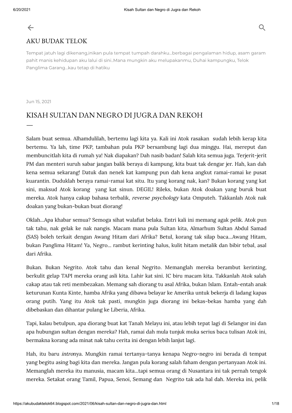 Kisah Sultan Dan Negro Di Jugra Dan Rekoh —