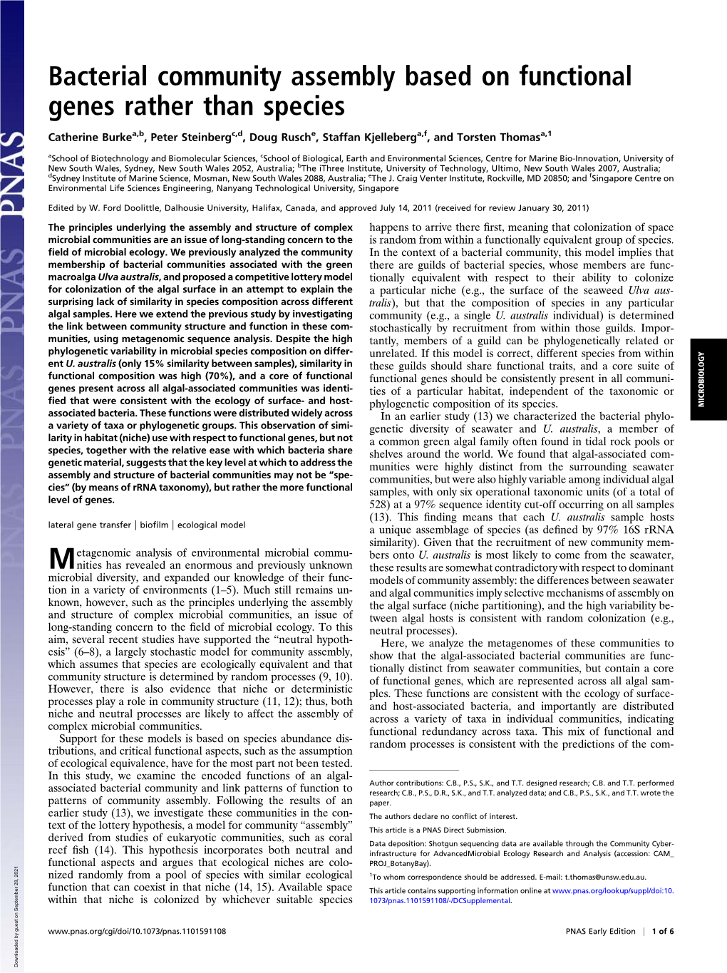 Bacterial Community Assembly Based on Functional Genes Rather Than Species