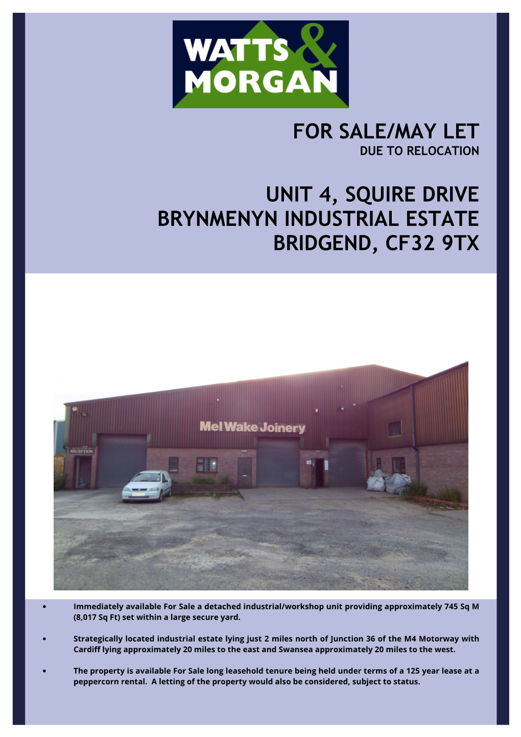 For Sale/May Let Unit 4, Squire Drive Brynmenyn Industrial