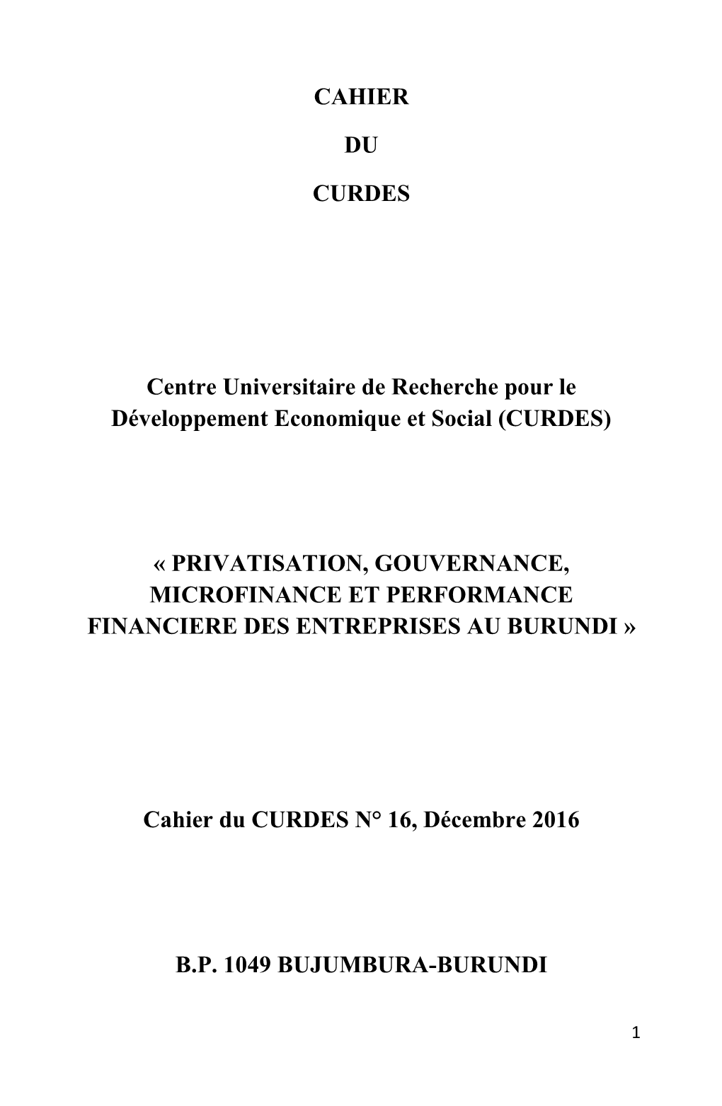 Cahier Du CURDES N°16 – “Privatisation, Gouvernance