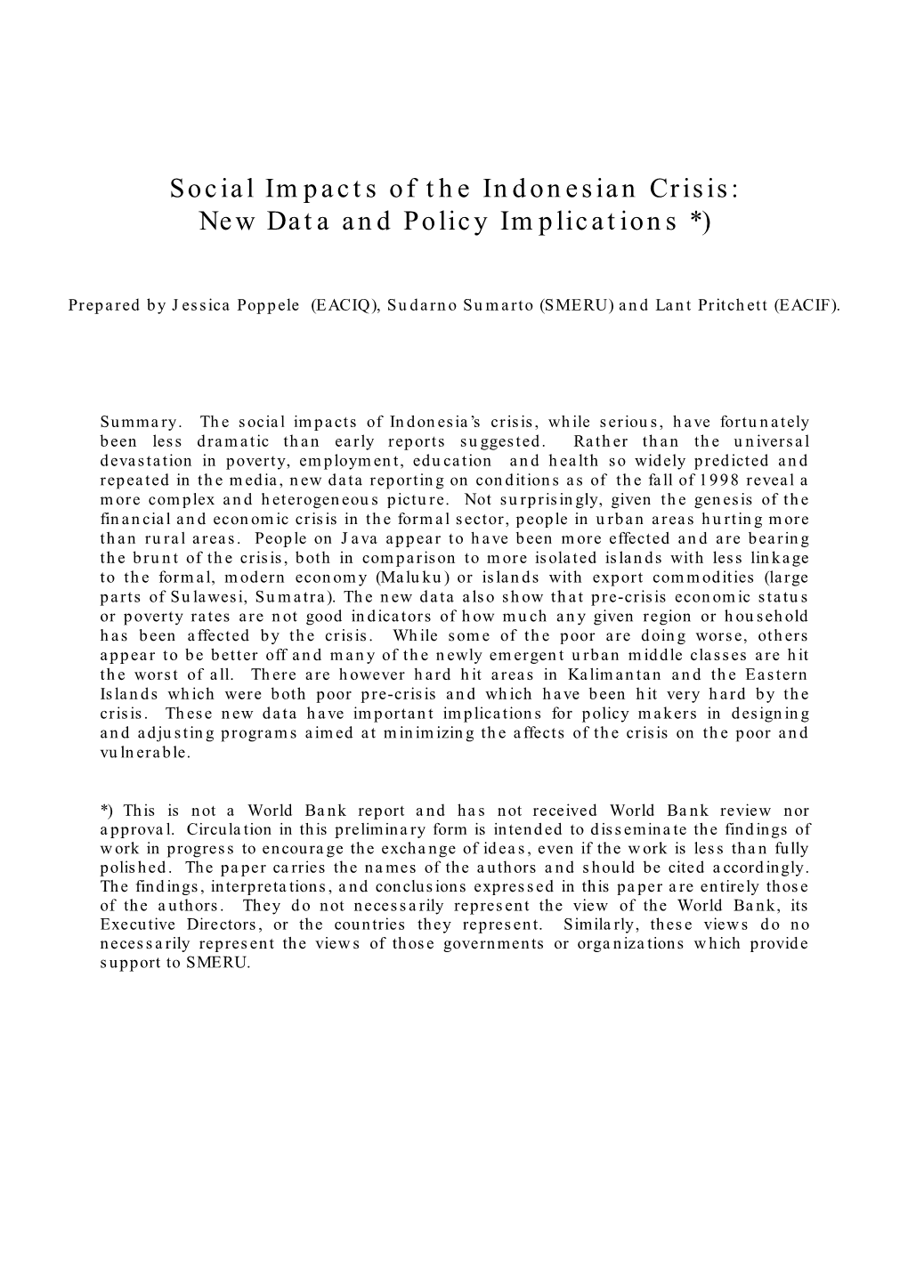 Social Impact of the Indonesian Crisis: New Data and Policy