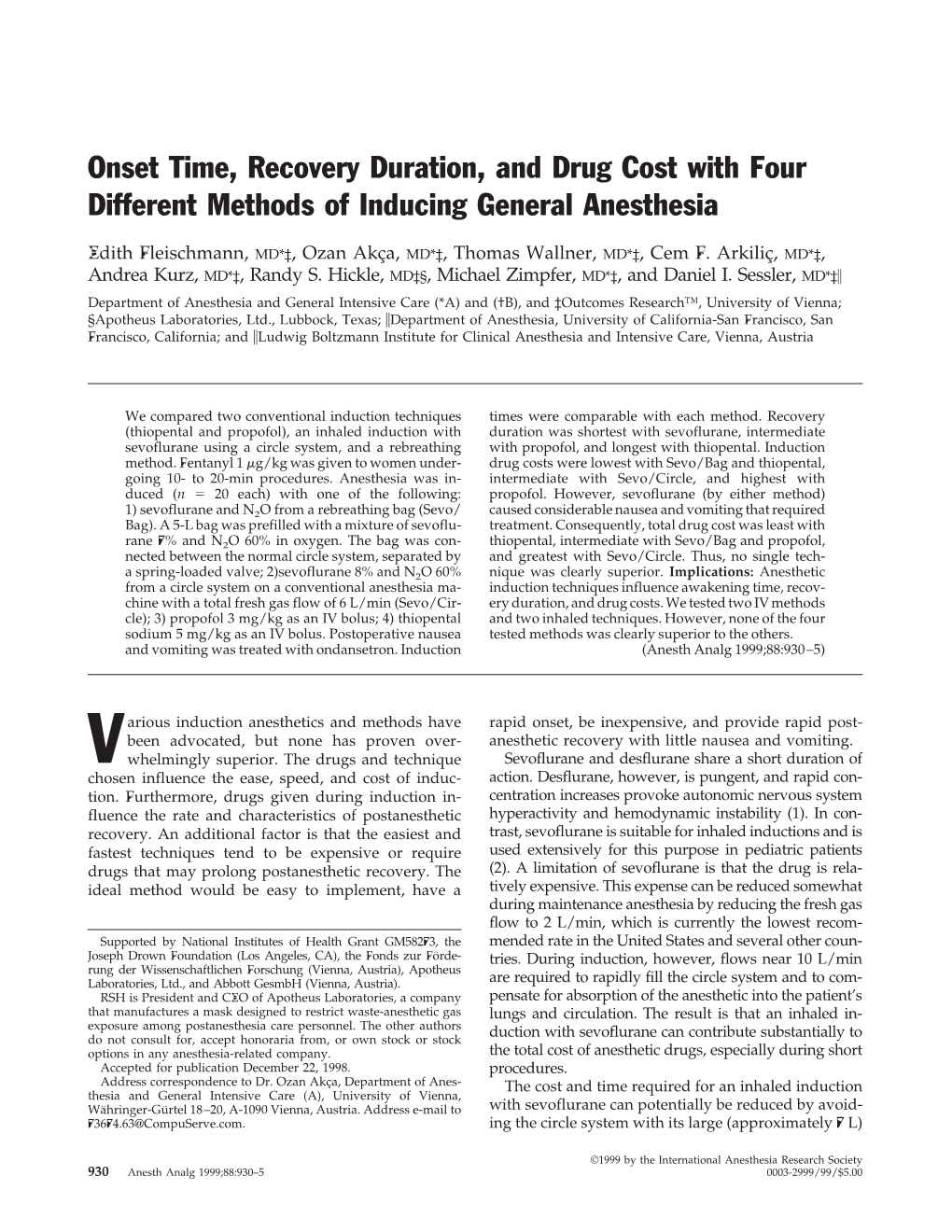 Onset Time, Recovery Duration, and Drug Cost with Four Different Methods of Inducing General Anesthesia