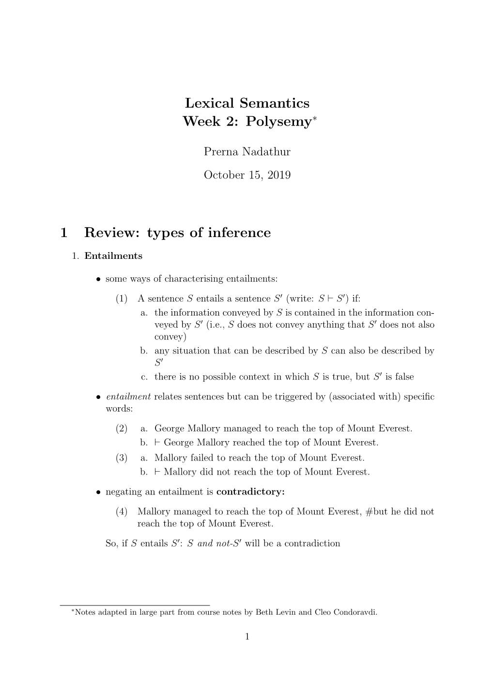 Lexical Semantics Week 2: Polysemy 1 Review: Types of Inference