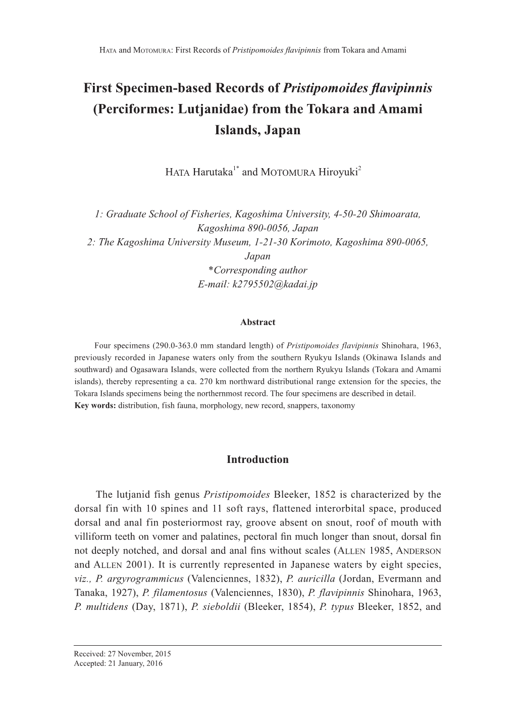 First Specimen-Based Records of Pristipomoides Flavipinnis