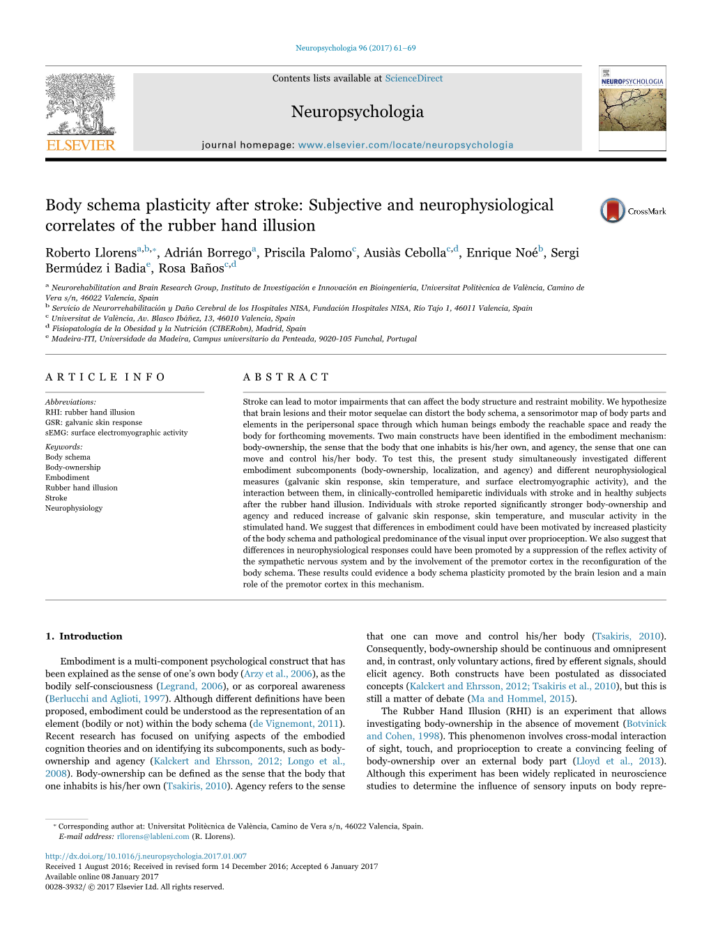 Body Schema Plasticity After Stroke Subjective and Neurophysiological