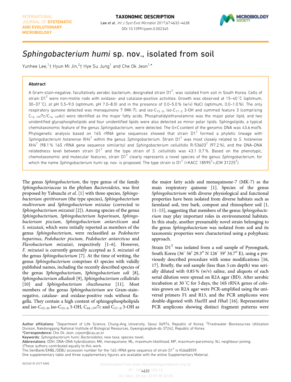 Sphingobacterium Humi Sp. Nov., Isolated from Soil