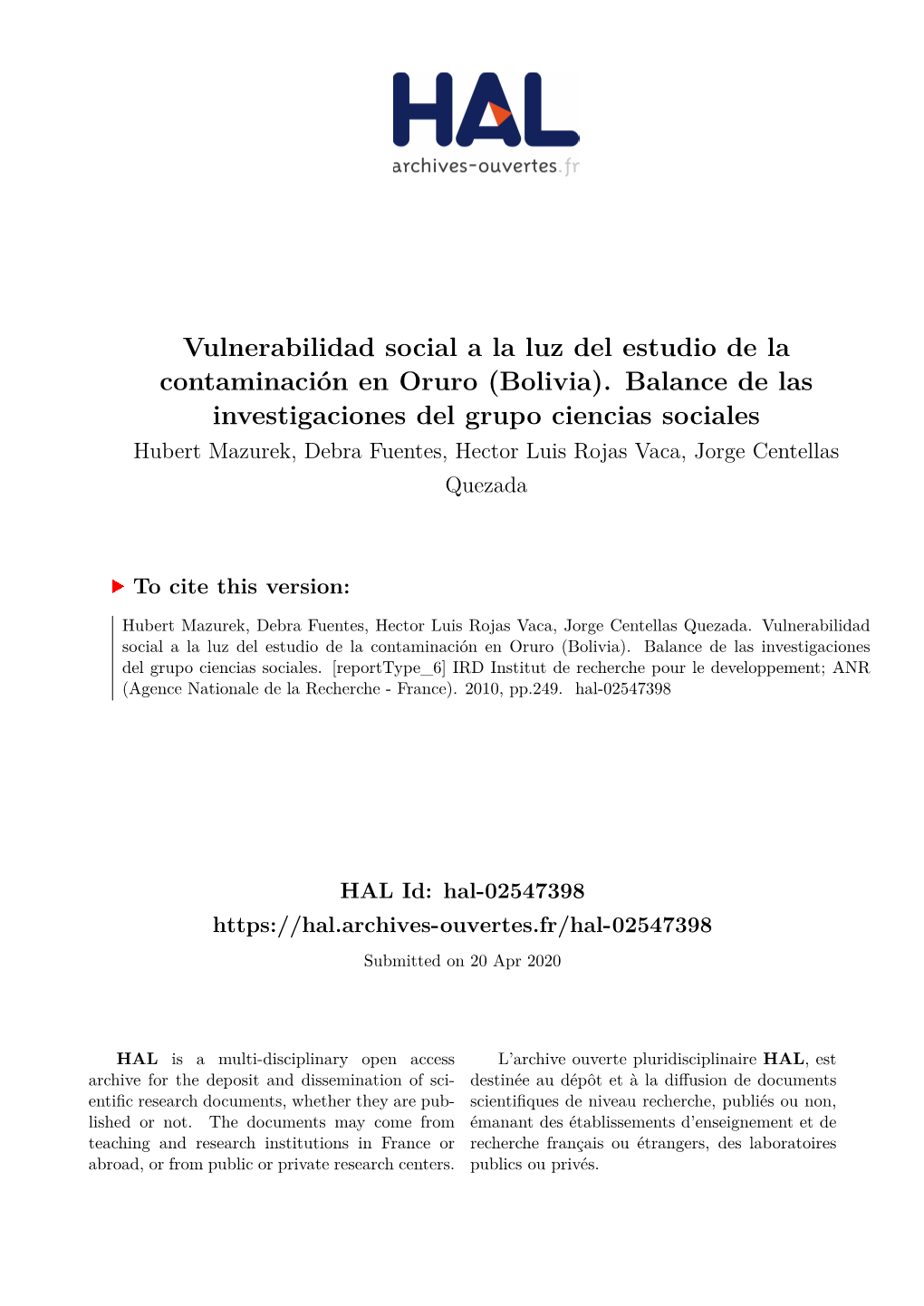 Vulnerabilidad Social a La Luz Del Estudio De La Contaminación En Oruro (Bolivia)